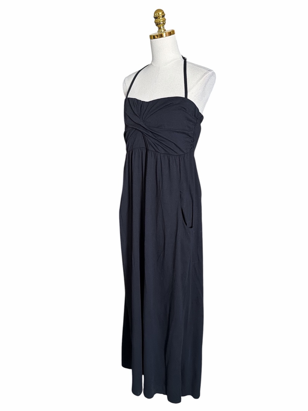 Garnet Hill Black Halter Maxi Dress Cotton Modal Twist Neck Pockets Womens Large - Picture 3 of 12